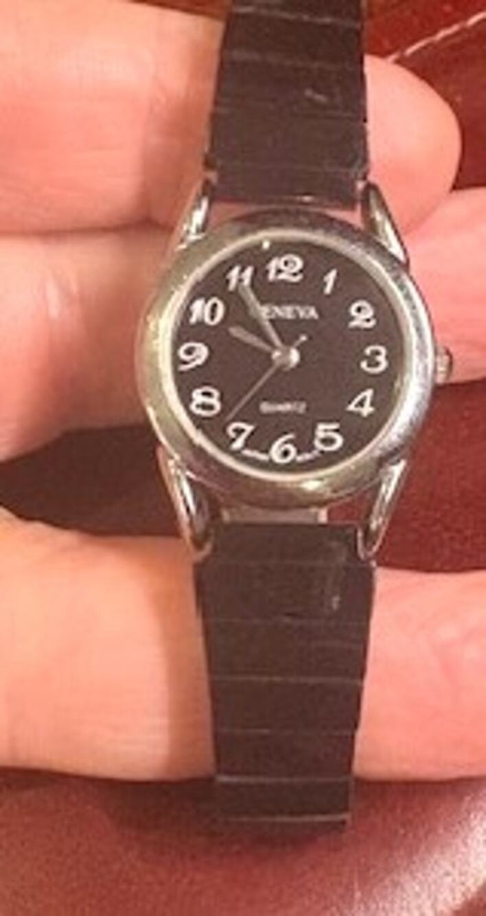 Women's 24mm Silver Tone Geneva Wath with Black MOP Accents, Expansion Band